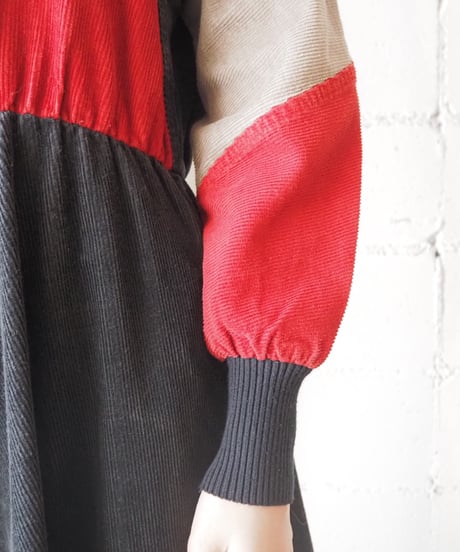 1970's Rib Collar Tricolor Cords Dress BKGRRE