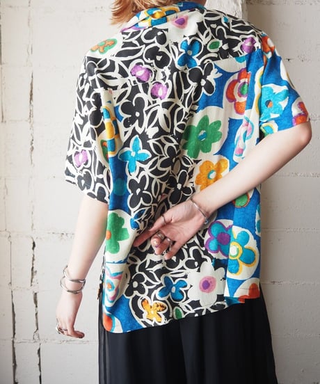 Flower Pattern Shortsleeve Rayon Shirt BK