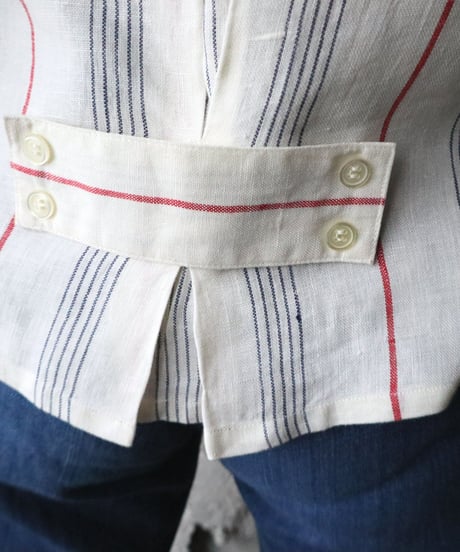 Double Button Collarless Stripe Blouse WH