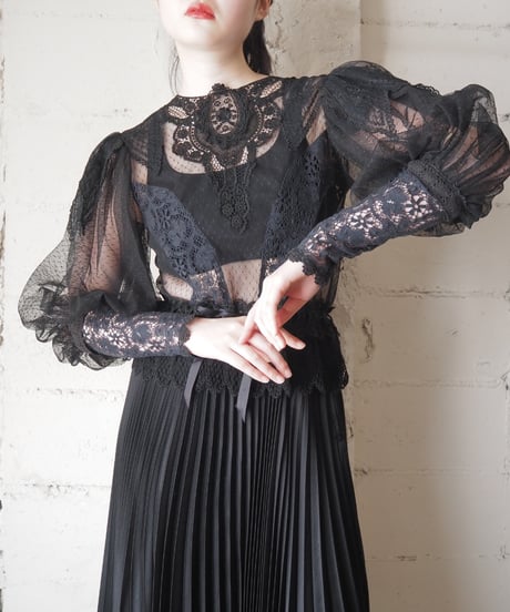 GUNNE SAX Lace×Tulle Volume Sleeve Blouse BK