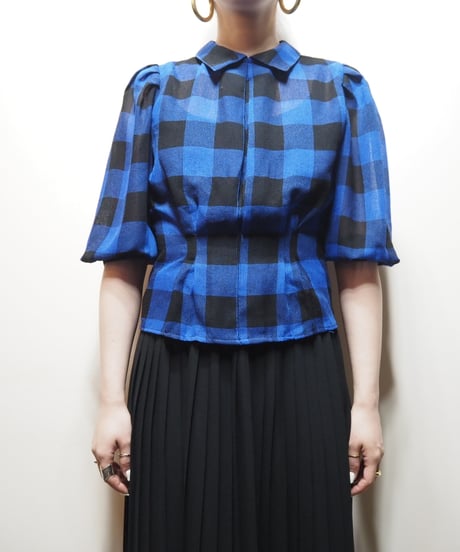 Puff Sleeve Sheer Plaid Blouse BK BL