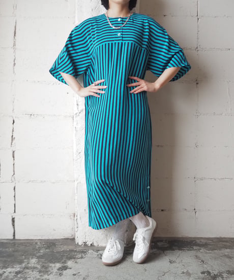 1980's Italy Collarless Stripe Dress GNBK