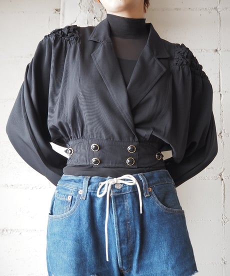 Smocking Shoulder Cropped Jacket BK