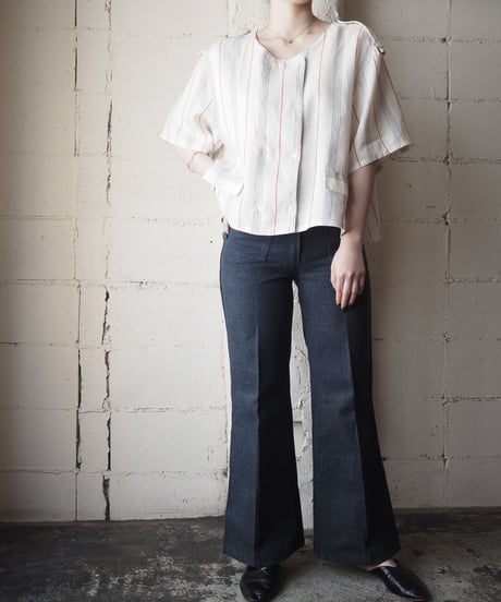 Double Button Collarless Stripe Blouse WH