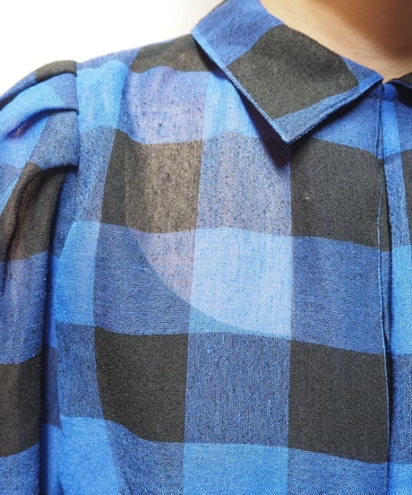 Puff Sleeve Sheer Plaid Blouse BK BL