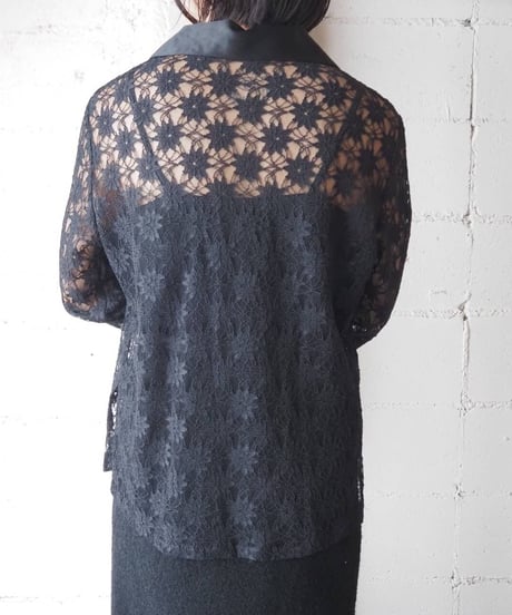 Satin × Lace Open Collar Shirt BK
