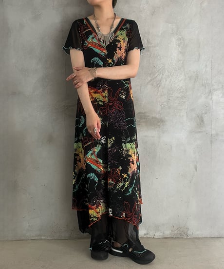 Sheer Pattern Mellow S/S Dress BKOR