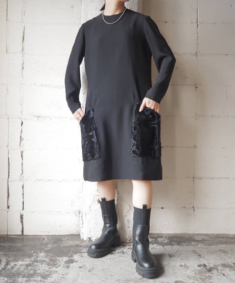 Fur Pocket Collarless Dress BK