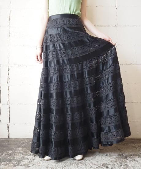 Satin×lace  Tiered Skirt BK