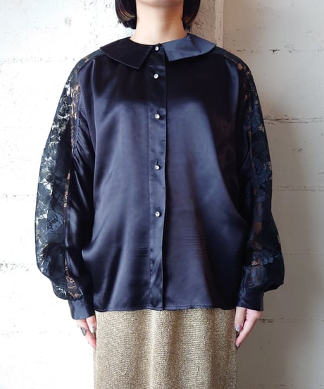 Lace×Satin Dolman Sleeve Blouse BK