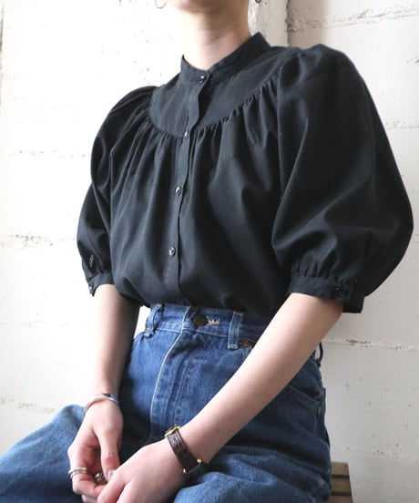 Band Collar Puff Sleeve Blouse BK