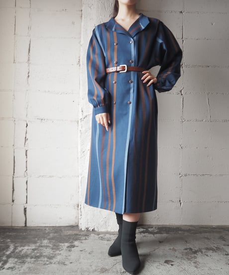 1970's-80's Germany Open collar Stripe Dress BLBR