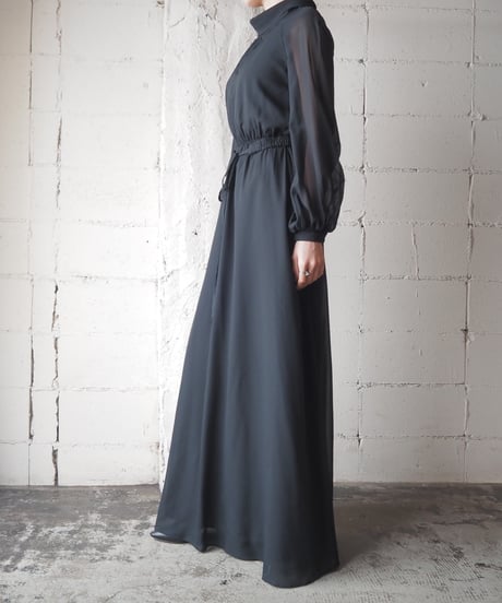 1970-80’s EURO Turn Over Collar Sheer Sleeve Dress BK
