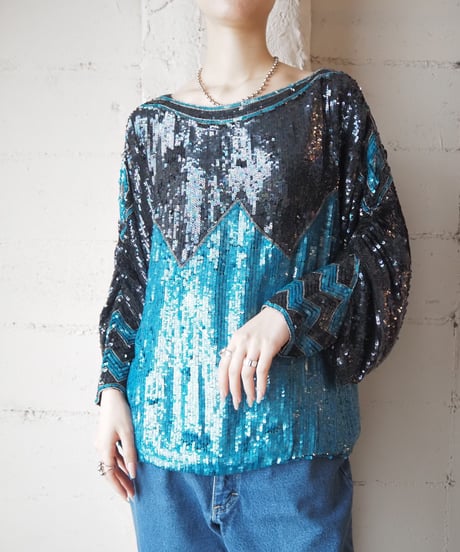 1970’s Pattern Bicolor Sequin Tops BLBK