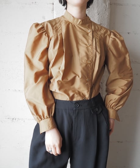 1970-80's Euro Handmade Stand Collar Tuck Blouse YE