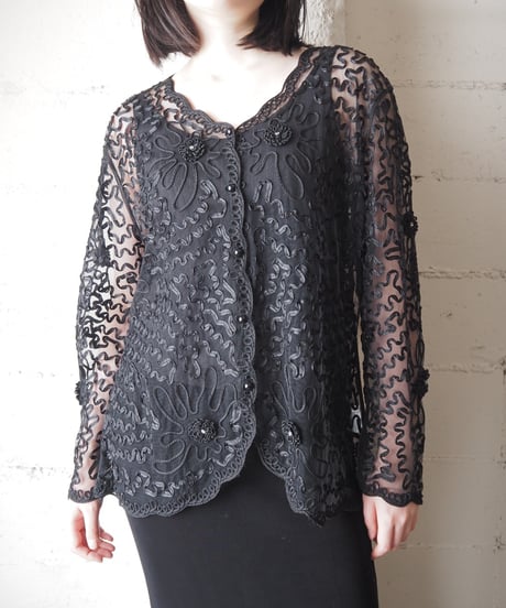 Tape Embroidery Sheer Cardigan BK