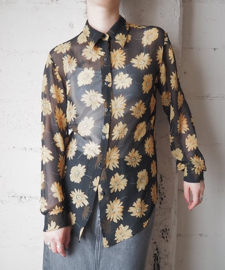Flower Print Silk Sheer Shirt BKYE