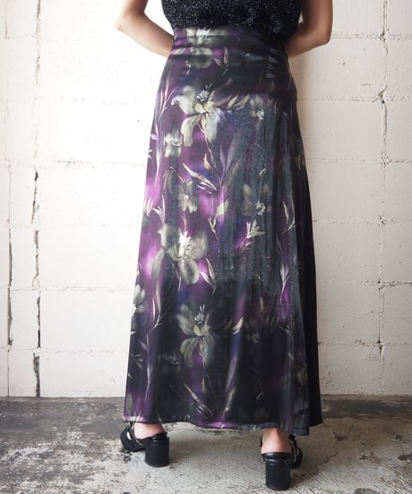 Satin Flower Pattern Side Drape Skirt BKPUR