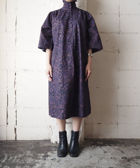 High Collar Botanical Pattern Dress PURBK