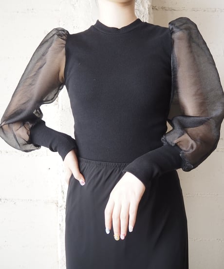 Puff Sleeve Sheer Rib Knit BK