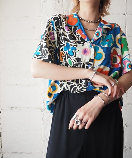 Flower Pattern Shortsleeve Rayon Shirt BK