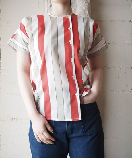 1970~80's Collarless Stripe Blouse WHRE