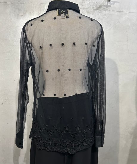 Flower Embroidery Sheer Shirt BK