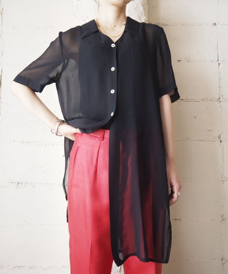 Open Collar Seethrough Long Shirt BK