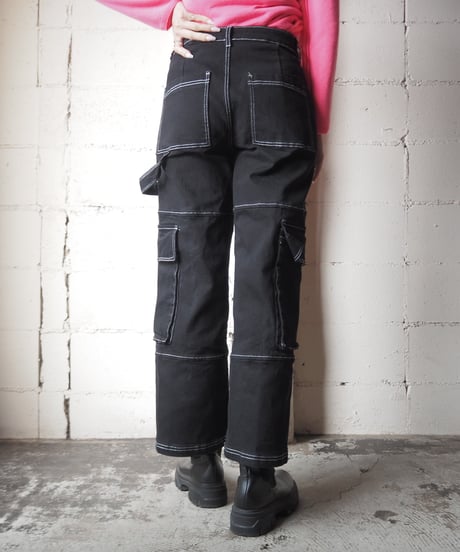 White Stitch Cargo Pants BK