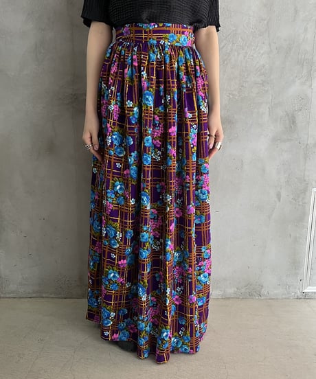 Check×Flower Pattern Volume Skirt PURBL