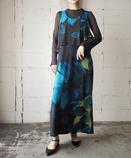 Floral Pattern Layered Sleeveless Dress BKGN