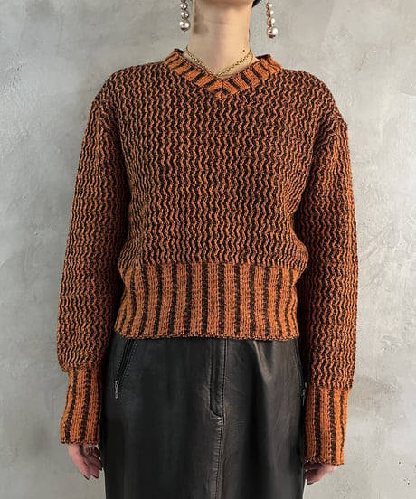 Wave Rib Pattern V Neck Knit ORBK