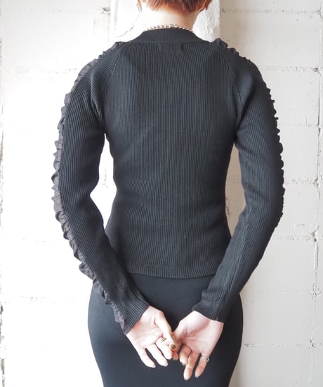 Sheer×Rib Mock Neck Knit BK
