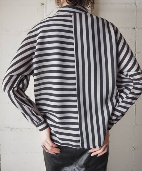 Turn Over Collar Stripe Blouse BKGR