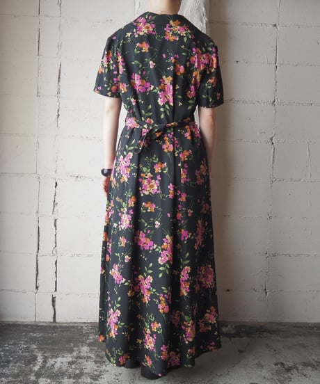 S/S Flower Pattern Open Collar Dress BKPI