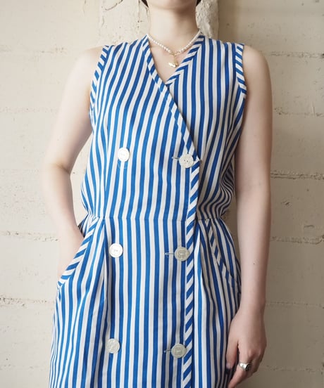 Front Double Button Stripe Dress BLWH