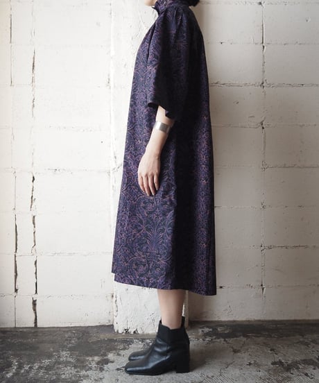 High Collar Botanical Pattern Dress PURBK