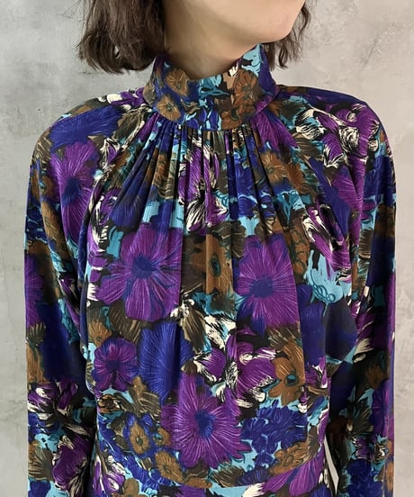 Stand Collar Flower Pattern Dress BLPUR