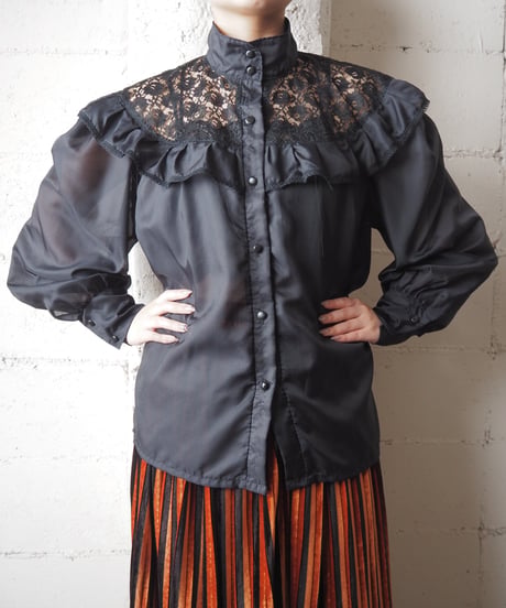 Lace Yoke Stand Collar Blouse BK