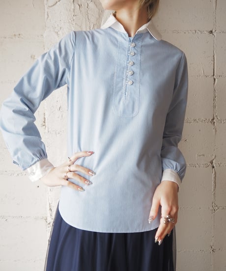 1970's Euro Round Collar Stripe Shirt BLWH
