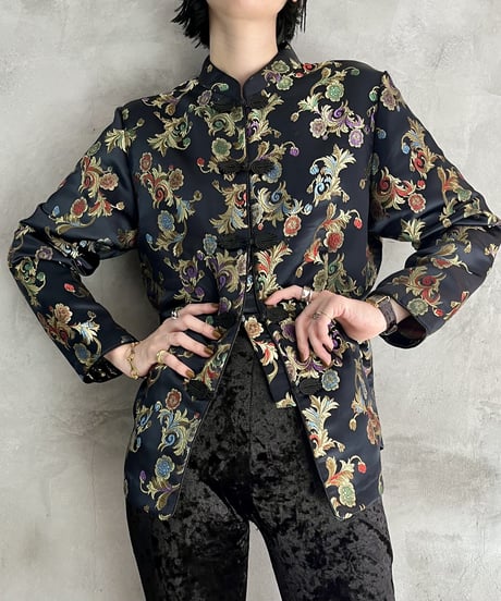 Botanical Pattern Satin China Blouse BKGN