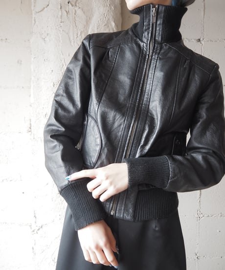 Rib High Neck Zipup Leather Jacket BK