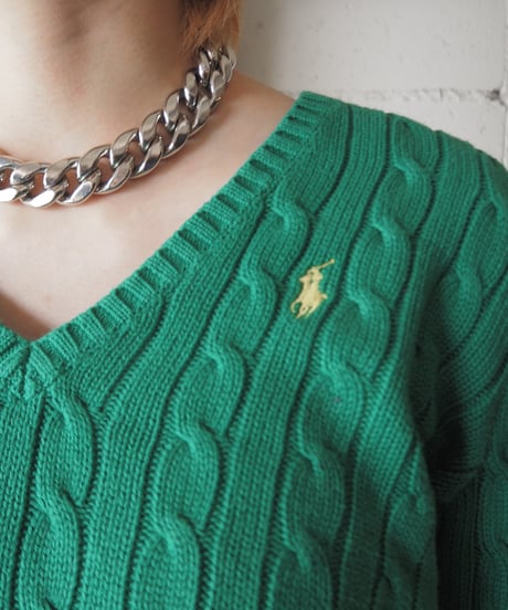 Ralph Lauren SPORT V Neck Cotton Cable Knit GN