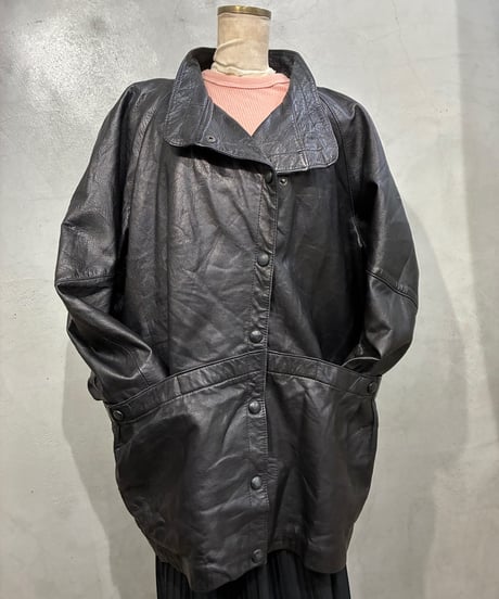 Stand Collar Dolman Sleeve Leather Coat BK