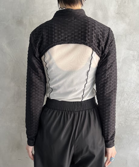 Mock Neck Emboss Short Cut Sew BK