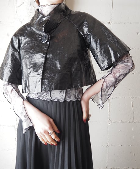 Stand Collar Patent Short Jacket BK