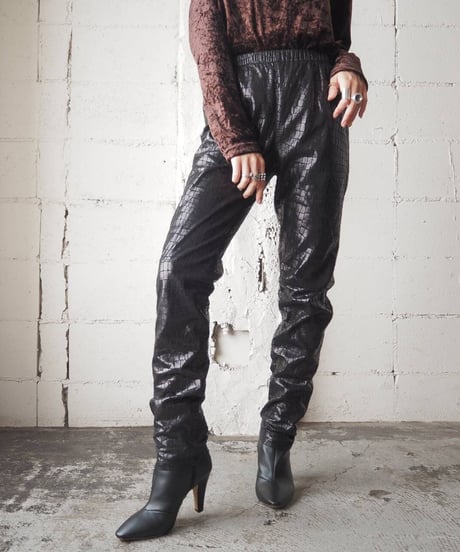 Crocodile Pattern Leather Easy Pants BK