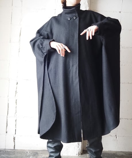 Front Top Button Wool Cape Coat BK