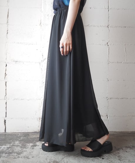 Sheer Layered Flare Long Skirt BK