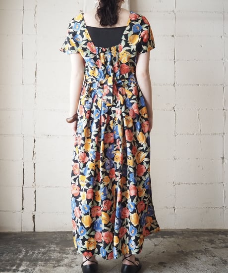 Back Shirring Flower Pattern Dress BK